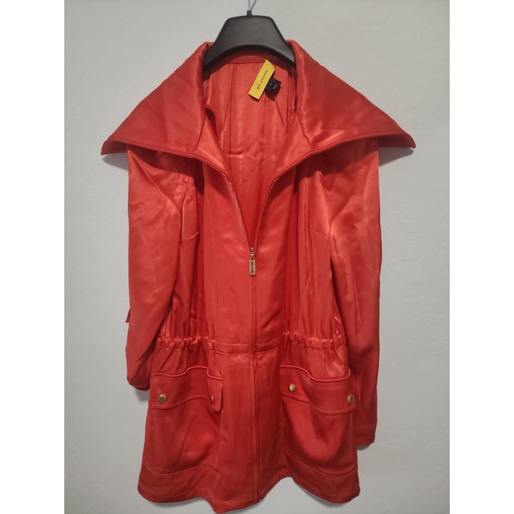 St. John Zip Front Orange Satin Jacket Sz 8 Gold Details, Pockets Vintage